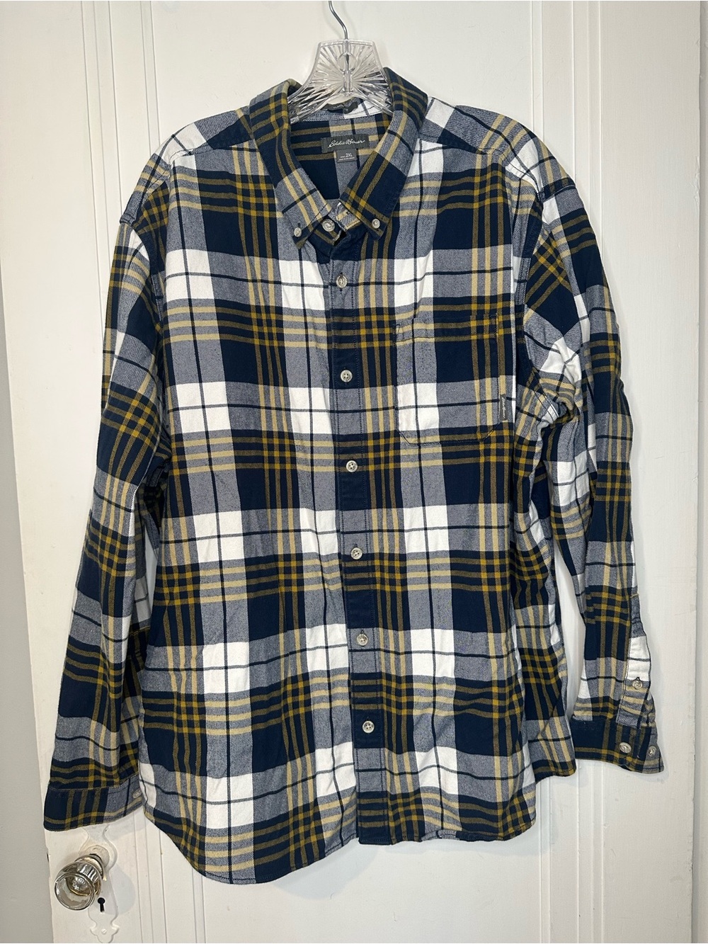 Eddie Bauer Classic Fit Navy, White & Mustard Plaid Button-Down Shirt